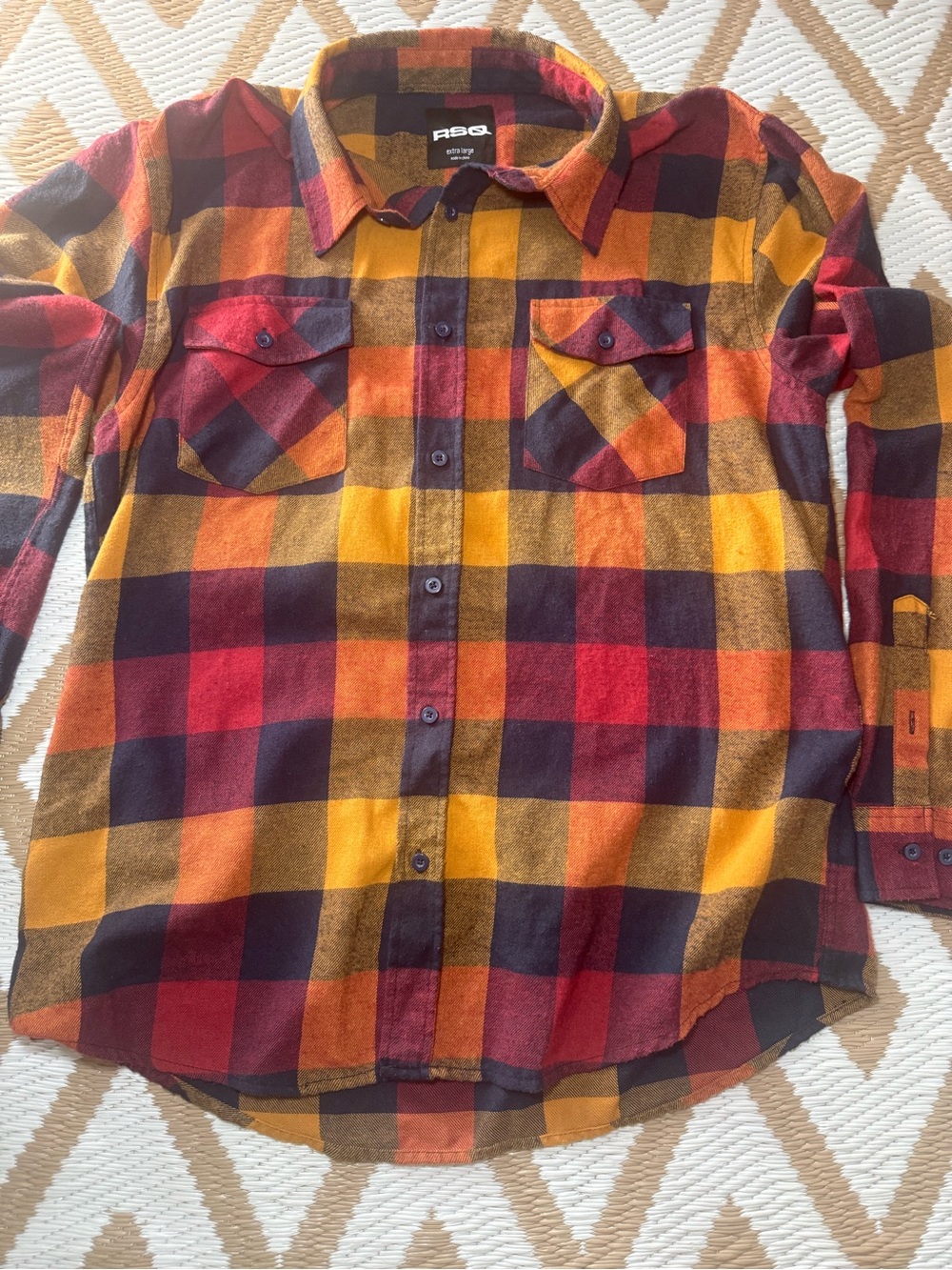 RSQ Men’s Red Yellow Black Plaid Flannel Button-Down Shirt